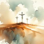 Watercolor-style illustration of three crosses on a hill at sunrise, with the central crucifix silhouetted against warm orange and pale sky.