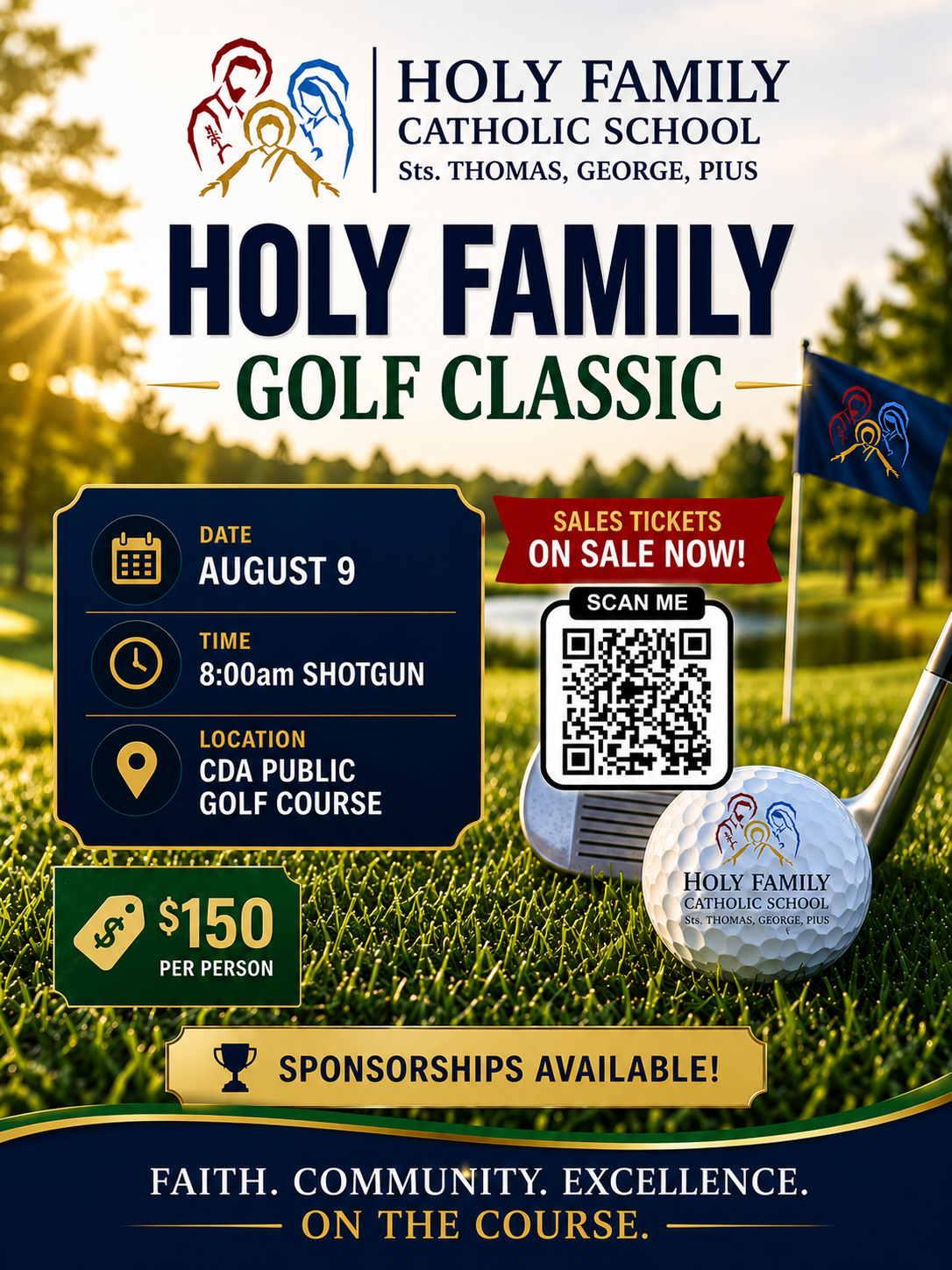 Poster for Holy Family Catholic School's 6th Annual Golf Tournament with event details over a blurred golf course background, including a crest on a golf ball.